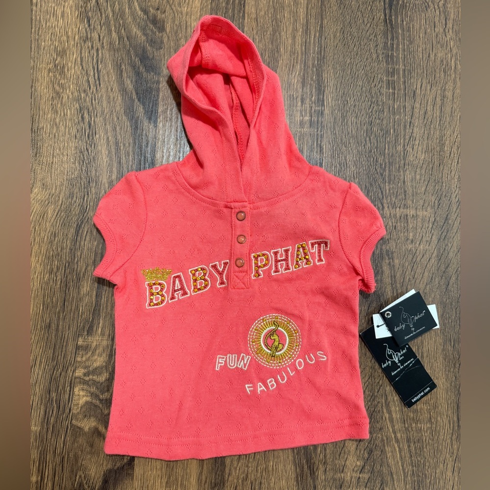 Vintage Y2K Baby Phat 2T Hooded Top Short Sleeve Hoodie Coral Pink Deadstock NWT